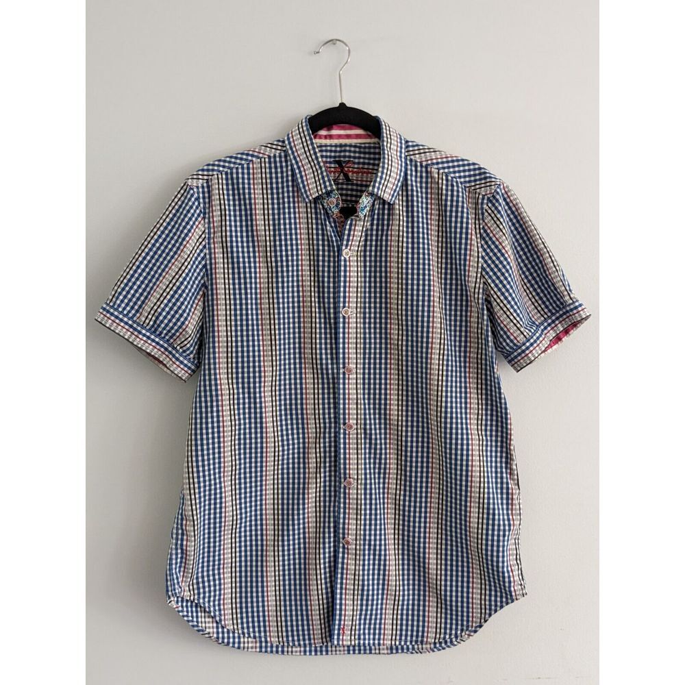 Robert Graham Classic‎ Fit Blue Red Gray White Plaid Short Sleeve Shirt Medium